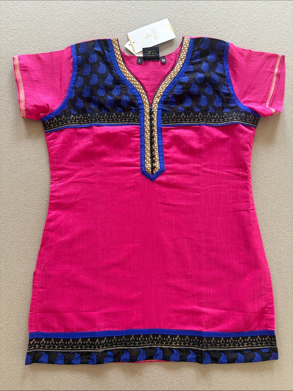 NEW Diya Indian Kurti Top Tunic Shirt Pink Blue Gold Black Brocade Short Sleeve